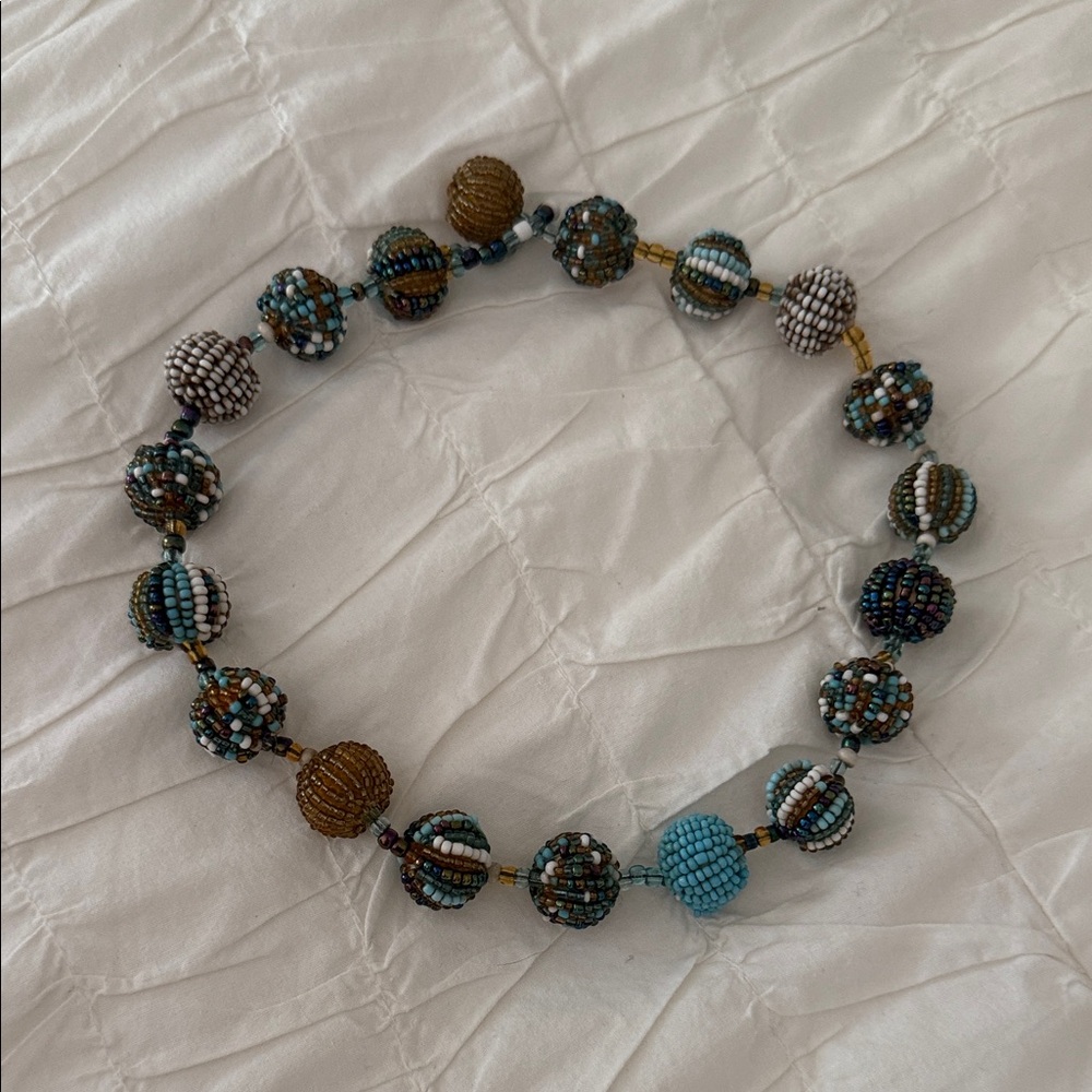 Beaded Necklace with Brown and Blue Accents